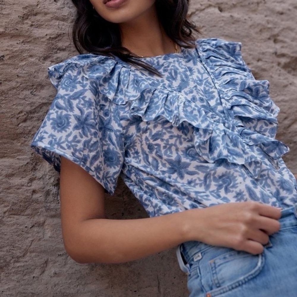 Mirth Bergen Blue Floral Ruffle Blouse Silk Cotton Handmade Ethical Size small